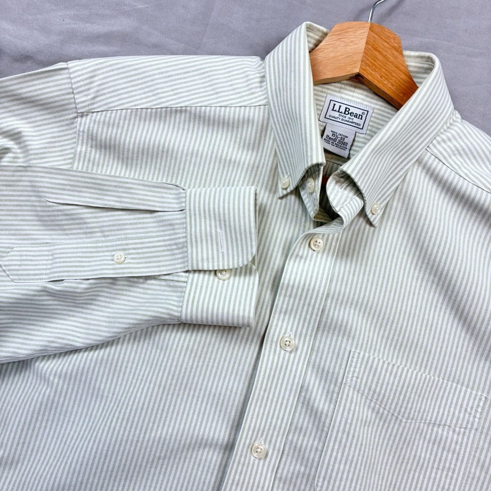 LL Bean OCBD Button Down University Stripe Shirt 15.5 33 Green White Ivy Preppy